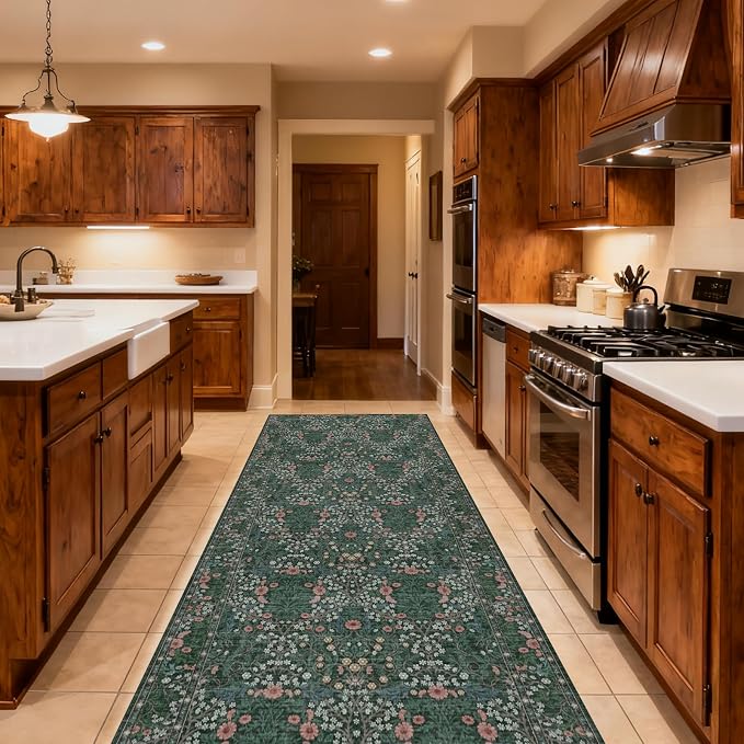 Washable 2'6" x 10' Runners for Hallways, Non Slip Long Floor Runner for Kitchen, Entryway Indoor, Stain Resistant Rubber Backing Floral Decor Rug (Green)