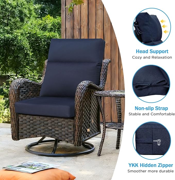 Sunbrella Outdoor Patio Chair Cushions 44x21x3.5 inch, Set of 2 Thicken Comfy Cushions for Rocker Non Slip Fade Shield Water Repellent High Back with Ties, Canvas Navy
