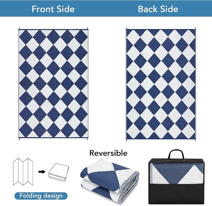 Garvee 8x10 Outdoor Rug Waterproof Plastic Straw Rug Outdoor Patio Rugs Reversible Mat Easy Clean Foldable Lightweight Large Area Rugs for Patio Porch Backyard Camping RV Beach Balcony Checkered Navy