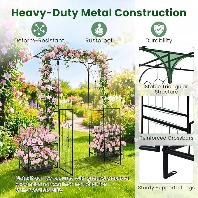 Giantex Garden Arbor with Gate and Planter, 79" W x 81" H Metal Arch Trellis with Double Doors, Outdoor Archway for Climbing Plants, Weddings, Backyard, Patio, Lawn, Ceremony Party Decoration
