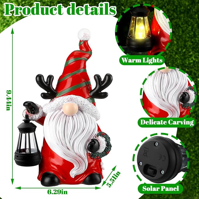 Suzile 2 Pack 9.4 Inch Gnome Statue Christmas Garden Decor with Solar Lights Resin Outdoor Christmas Decoration Figurine with LED Lantern Outside for Courtyard Lawn Patio Porch Housewarming Gift