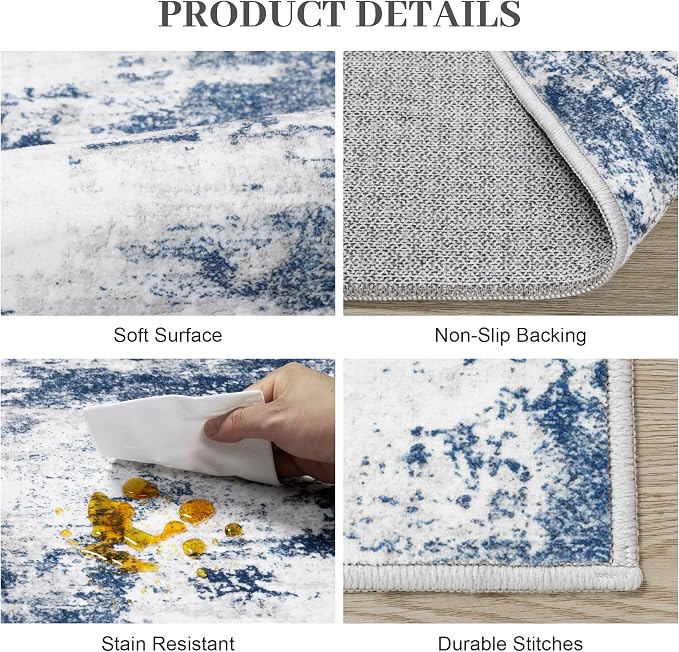 Tosuoka 2'6''x8' Area Rugs for Living Room Abstract Washable Gray Blue Rug | With Anti-Slip Backing，Non-Shedding，Stain-Resistant，Soft Modern Large Carpet for Bedroom Dining Room Farmhouse Nursery