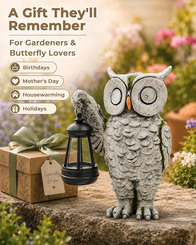 Solar Owl Statue Outdoor Decor | Stone-Look Resin Owl Garden Sculpture with Glowing Eyes & Hanging Lantern | Realistic Weathered Finish for Patio, Lawn, Porch, Flower Bed | Gardening Gift
