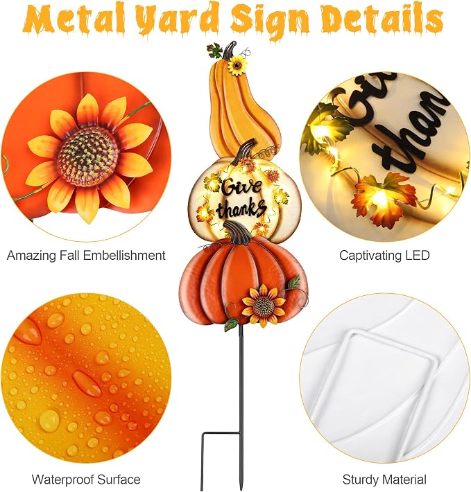 Fovths 42.3 Inch 3 Pieces Thanksgiving Metal Fall Pumpkins Garden Yard Sign, Giant LED Metal Thanksgiving Pumpkin Yard Sign Stakes, Waterproof Fall Harvest Pumpkin for Outdoor Lawn Decor