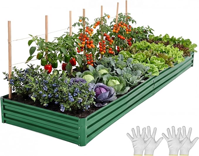 YITAHOME 12x4x1ft Galvanized Raised Garden Bed, Metal Planter Box with Safety Rubber, Gloves, Outdoor Flower Bed for Planting Plants Vegetables, Green