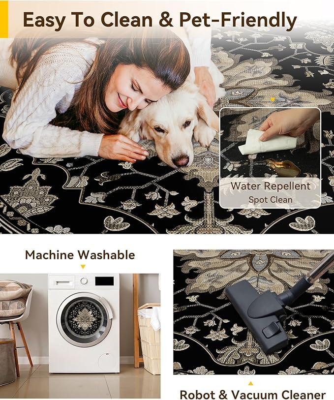 RELEANY Washable Area Rug, Round 10ft, Black/Neutral | Non-Slip, Water Repellent, Pet Friendly, Easy to Clean, Vintage Floral Boho Decor for Living Room Bedroom Dining Room