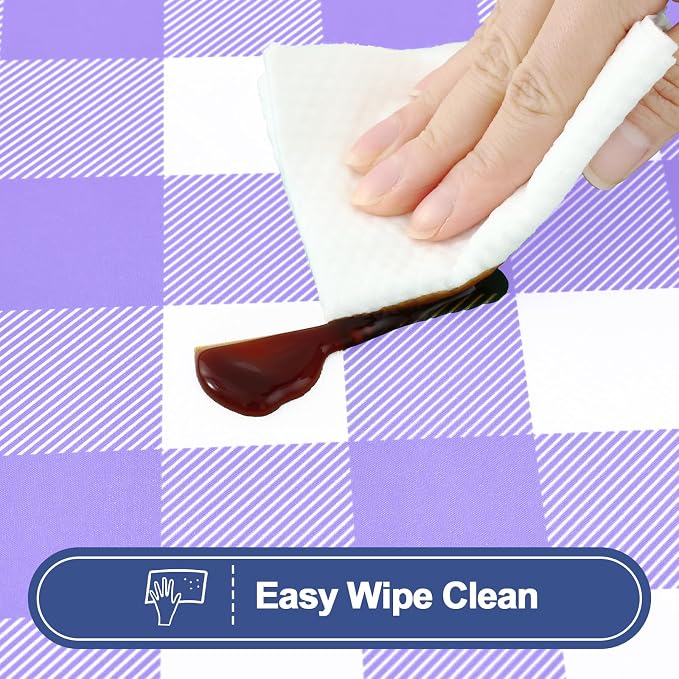 Smiry Picnic Table Cover with Bench Covers, Waterproof Elastic Fitted Tablecloths for 6 Foot Rectangle Tables, Washable Buffalo Plaid Tablecloth for Camping, Outdoor (Purple & White, 30"x72")