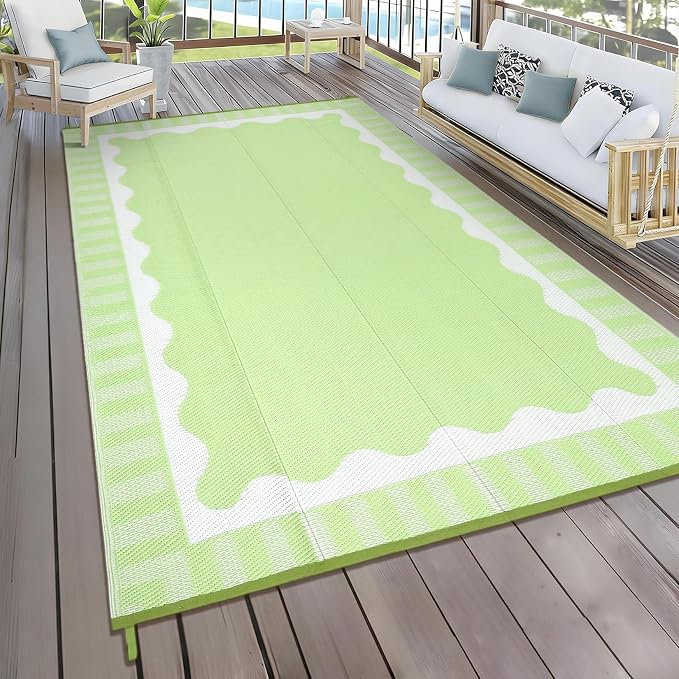 Garvee 8x10 Outdoor Rug, Scalloped Border Waterproof Camping Rugs for Outside Your RV, Modern Plastic Straw Rug, Foldable Reversible UV Resistant Mats for Picnic Backyard Deck Porch, Light Green