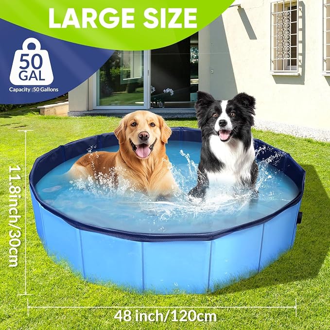 Dog Pool, Foldable Pet Swimming Pool with 6mm High-Strength PP Board, Hard Plastic Collapsible Doggy Pools for Small Dogs Kitty Duck, Non-Slip Doggie Bathtub Quick to Set Up and Drainage Hole, 48.2"