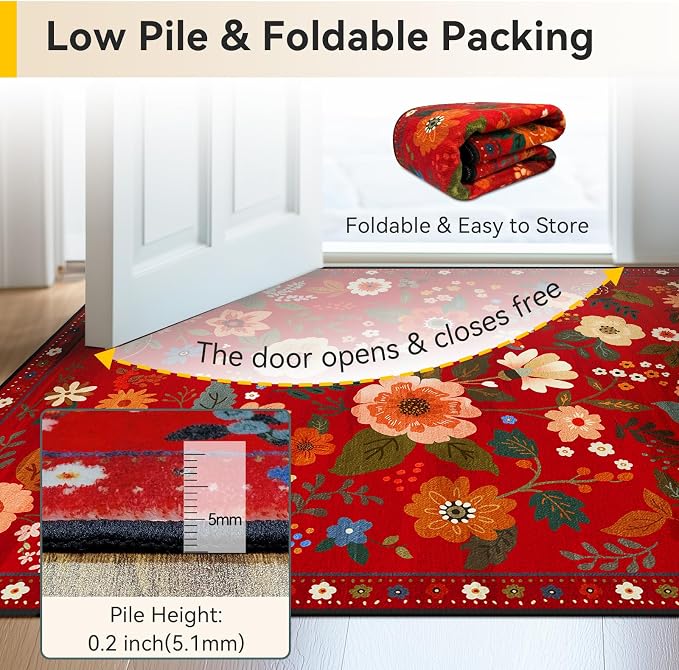 Floral Washable 6x9 Area Rugs Red/Orange | Flower Carpet, Print, Boho, Non-Slip, Easy to Clean, Soft, Low Pile for Living Room Bedroom Kitchen Office Entryway Hallway
