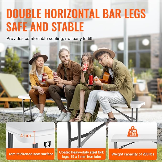 VEVOR Plastic Folding Bench, 6ft Portable Folding Bench, Smooth High Density Polyethylene Waterproof Outdoor Bench, Picnic Camping Table with Handle for Garden Soccer Playtime, White (2 Pack)