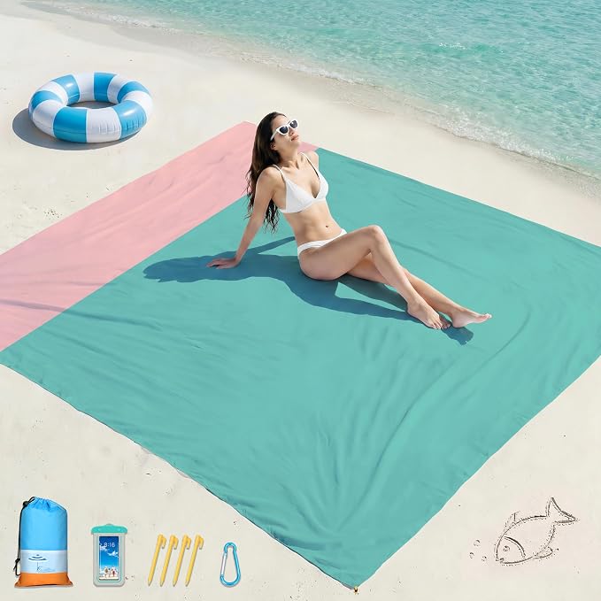 Famstar Beach Blanket Oversized Extra Large 78"X81"/10'X9',Waterproof Sandproof Beach Blanket 2-8 Adults Lightweight Durable for Travel Camping Hiking Picnic
