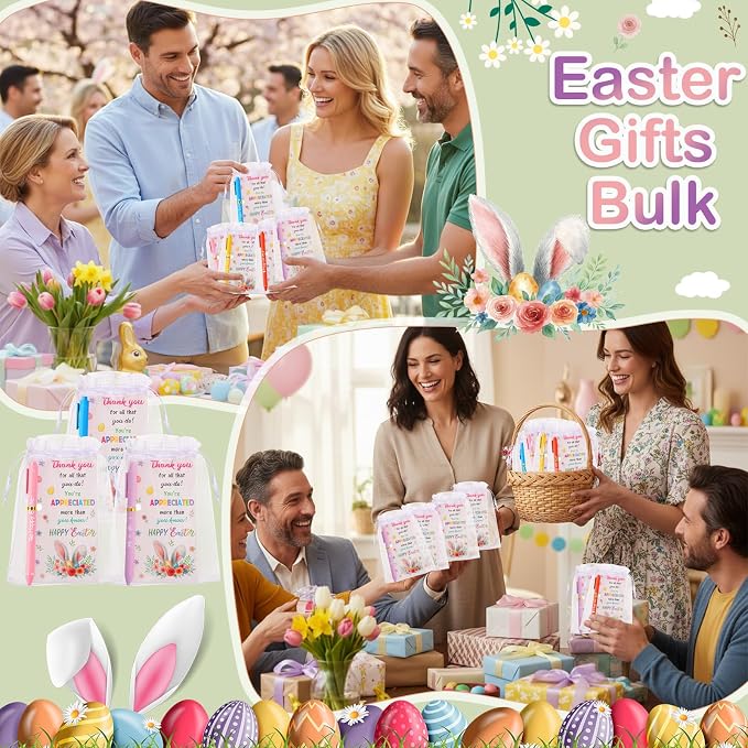 Marspark 30 Set Colorful Easter Gifts Bulk Happy Easter Ballpoint Pens and Bunny Eggs Greeting Cards with Bags Twist Ties Appreciation Gifts for Coworker Teacher Student School Office Party Favor