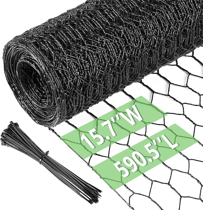 Chicken Wire 15.7 in x 590.5 in Poultry Wire Netting Hexagonal Galvanized Mesh Garden Fence Barrier for Pet Rabbit Chicken Fencing with 100 Pcs Cable Zip Ties(PVC-Coated)