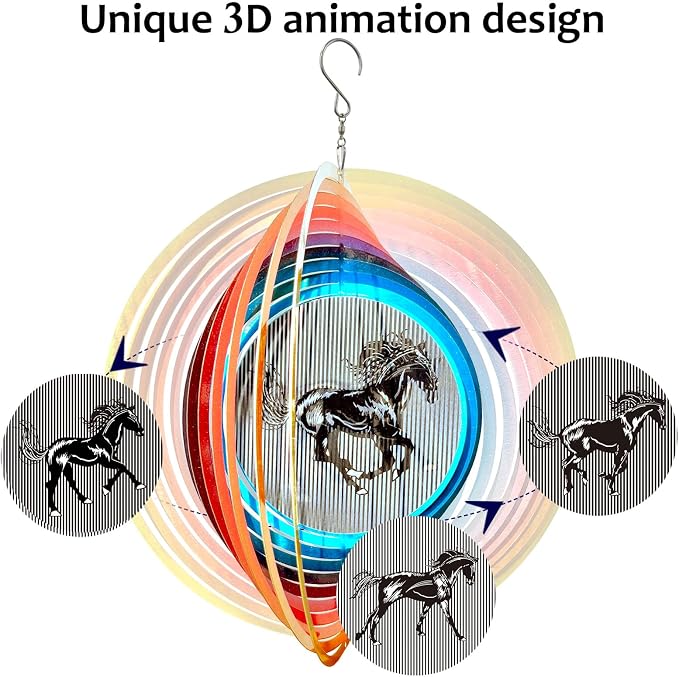 Aoedelyart 3D Animations Horse Wind Spinner for Yard and Garden,12Inch Wind Spinners Outdoor Horse Memorial Gift for Women Mom Grandma Wife,Garden Decor Metal Kinetic Yard Art Wind Sculpture
