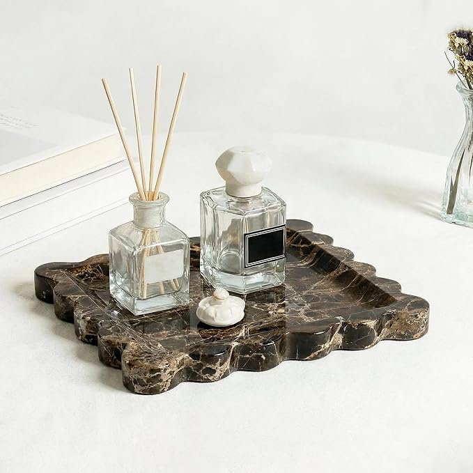 Scalloped Square Marble Decorative Tray, Natural Stone Vanity & Jewelry Tray, Trinket Organizer for Ring, Key, Dresser, Nightstand, Bathroom Counter & Kitchen Sink(Dark Brown Net)