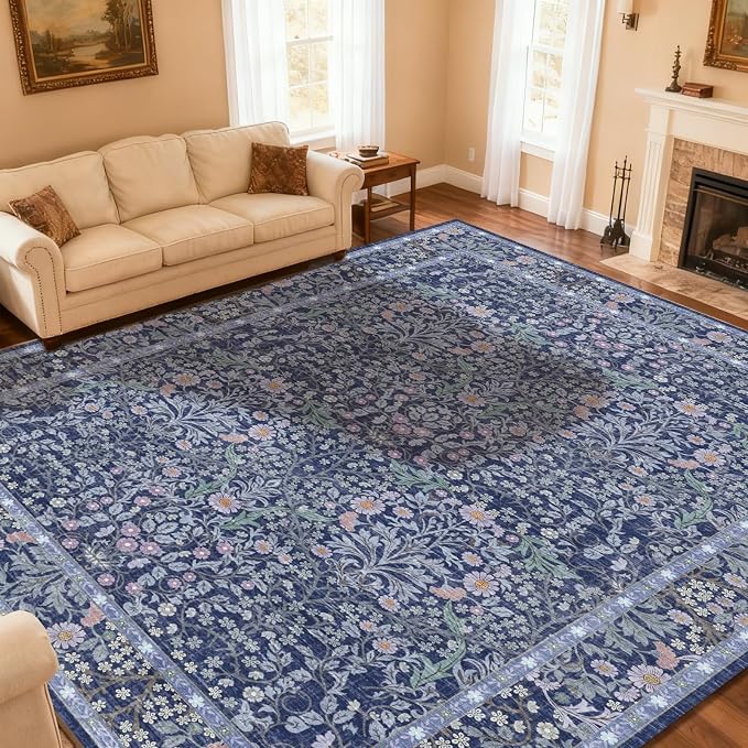 Area Rug for Living Room, 10x12 Large Washable Rugs for Dining Room, Bedroom, Non Slip Stain Resistant Carpet, Low Pile Vintage Floral Rug (Blue)