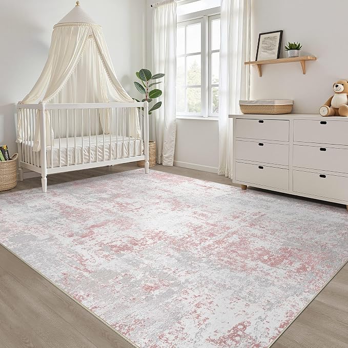 LOONGRUG 7x9 Area Rug Washable Neutral Modern Rug for Living Room Pink Gray | Abstract Soft Stain Resistant Indoor Non-Slip Carpet for Bedroom Nursery Kids Office Playroom Dining Room
