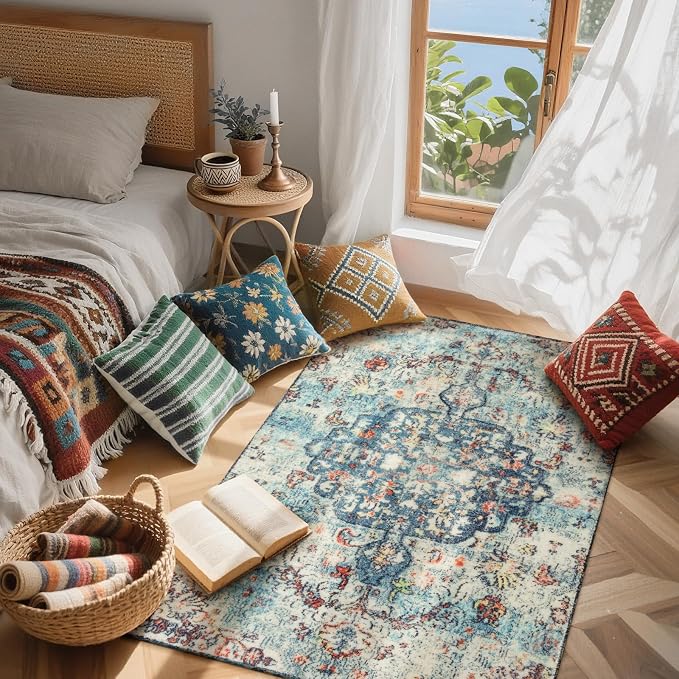 Lahome Reine Bohemian Floral Medallion Area Rug - 3x5 Vintage Teal Distressed Entry Throw Rug Turkish Faux Wool Accent Rug Non-Slip Washable Low-Pile Carpet for Bathroom Entrance Living Bedroom