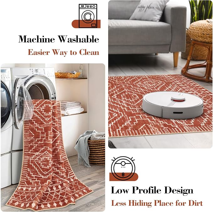 Wonnitar Moroccan 4x6 Bedroom Area Rug, Washable Soft Rug for Living Room, Non-Slip Bohemian Large Rug Non-Shedding Low Pile Floor Carpet for Kitchen Guest Room Entrance (Brown,4'x6')