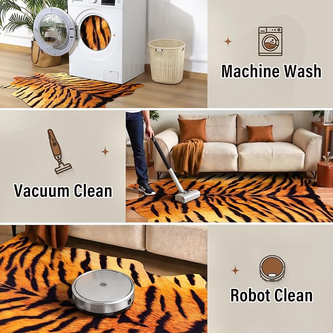 AROGAN Premium Tiger Print Rug, Faux Animal Hide Rugs, Non-Slip 4.6x5.2 Ft | Machine Washable Animal Print Hide Leopard Skin Area Rug for Bedroom Living Room Home Decor Pet Friendly