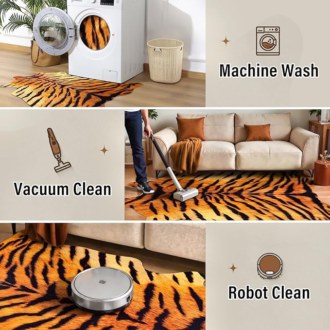 AROGAN Premium Tiger Print Rug, Faux Animal Hide Rugs, Non-Slip 6.2x5.2 Ft | Machine Washable Animal Print Hide Leopard Skin Area Rug for Bedroom Living Room Home Decor Pet Friendly