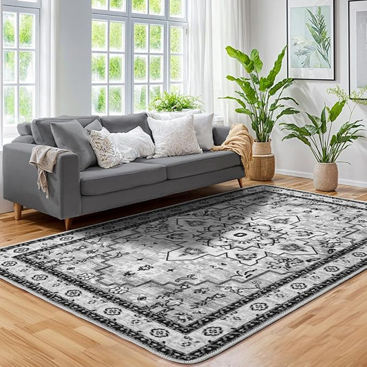 LBRO2M Machine Washable Rug Soft Pet Friendly Carpet 4X6 Gray | Persian Rug 4X6 for Living Room, Bedroom, Dining Room, Home Office, Non Slip Carpet, Foldable Stain Resistant Rugs