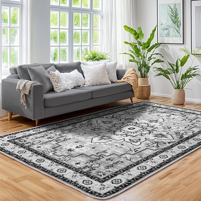 LBRO2M Machine Washable Rug Soft Pet Friendly Carpet 4X6 Light Gray | Throw Rug 3X5 for Entryway, Kitchen, Bathroom Non Slip Carpet, Foldable Stain Resistant Rugs