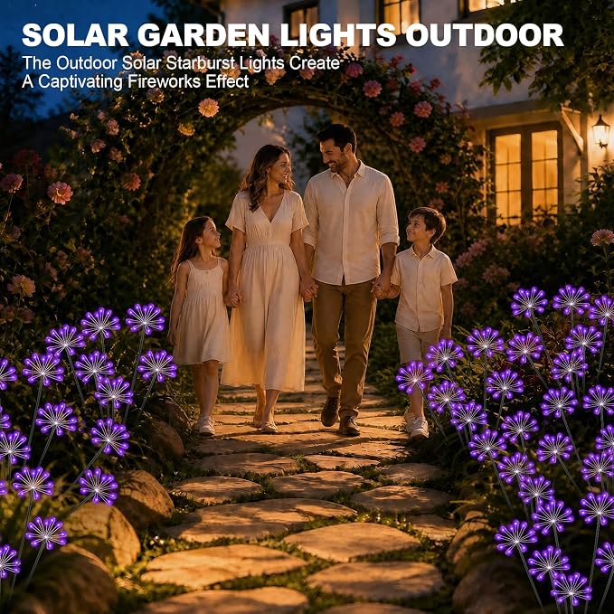 Solar Garden Lights Outdoor, Upgraded Solar Swaying Starburst Light Waterproof with 2 Modes, Solar Fairy Firework Lights for Yard Patio Pathway Flowerbed Balcony Garden Decoration (Purple, 4 Pack)