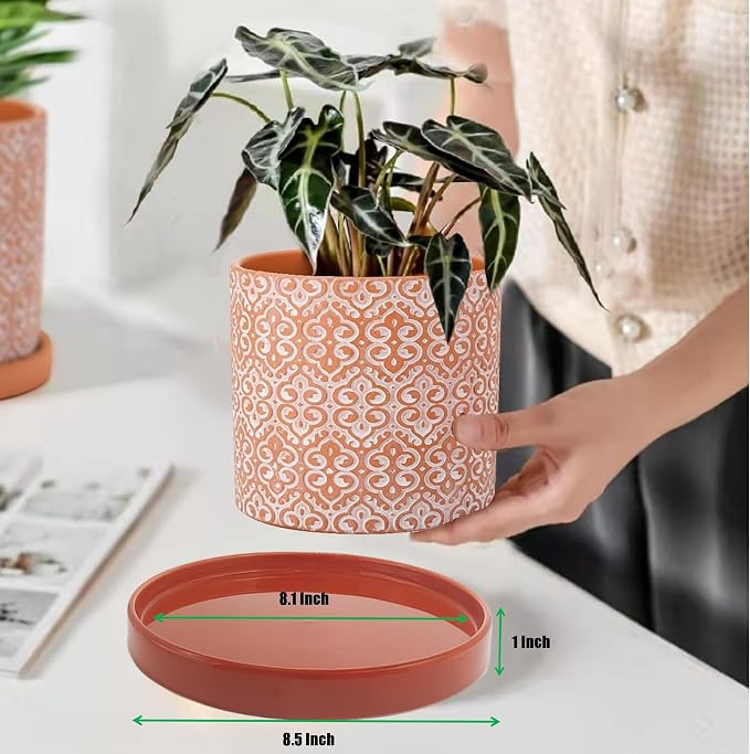 Yukfona Ceramic Plant Saucer Tray 1 Pcs 8 Inch Red Terracotta, 8.5"OD x8.15"ID x1"Deep| Fits flower pots Bottom≤ 8.15", Heavy Duty Glazed Round Planter Drip with Catch Basin for Indoor Outdoor Plants