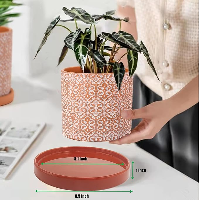Yukfona Ceramic Plant Saucer Tray 2 Pcs 8 Inch Red Terracotta, 8.5"OD x8.15"ID x1"Deep| Fits flower pots Bottom≤ 8.15", Heavy Duty Glazed Round Planter Drip with Catch Basin for Indoor Outdoor Plants | Ceramic Glazed