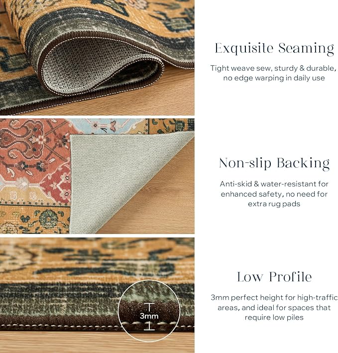 Phantoscope Washable Runner Rug 2'x10' Non-Slip, Vintage Boho Hallway Rugs for Entryway, Stair, Bedroom, Distressed Moroccan Mosaic Diamond Pattern, Low-Pile Foldable Floor Carpet, Terracotta/Rust