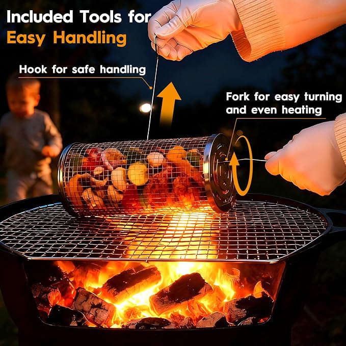 3 Pcs Rolling Grill Baskets for Outdoor Grill Accessories, BBQ Grilling Basket for Vegetables Shrimp Kebob, Outdoor Cooking Camping, Birthday Gifts for Men Dad Husband