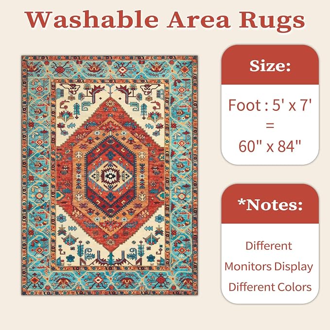 SERISSA 5x7 Washable Non Slip Boho Area Rug for Living Room，Orange | Ultra Soft Vintage Oriental Carpet Low-Pile Distressed Tribal Throw Carpet for Bedroom Dining Room Dorm Office Home Decor