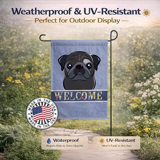 Caroline's Treasures BB1449GF Black Pug Welcome Garden Flag, Blue Mailbox Flag Decorative Yard Flag Banner Outside Patio Artwork Yard Flower Beds, Garden Size, Multicolor