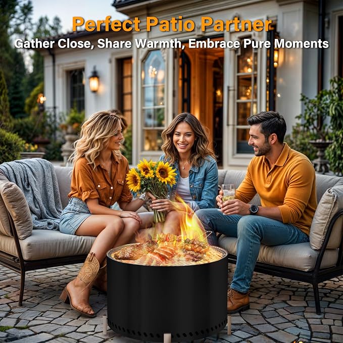 HGD 27.5" Smokeless Firepit with Stand & Grill Rack, Large Stainless Steel Wood Burning Fire Pit for Gatherings, Secondary Combustion Outdoor Patio Stove for Garden BBQ & Bonfire (Black)