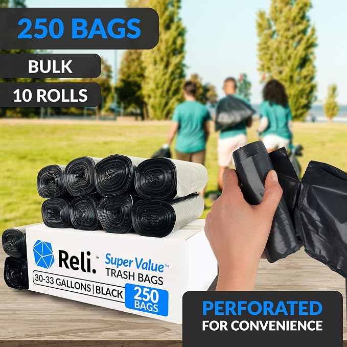 Reli. 30 to 33 Gallon Trash Bags Heavy Duty | 250 Trash Bags with Ties | Super Sizeable, Black, Serious Garbage Cleanup