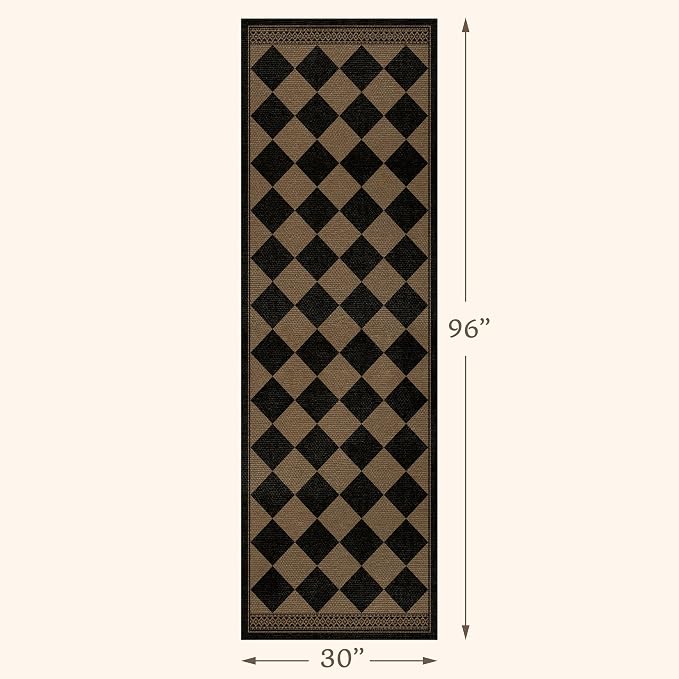 Black and Brown Easy Jute Hallway Runner Rug 2‘6”x8’, Washable Checkered 8ft Kitchen Runner Thin & Non Slip, Boho Diamond Checkerboard Indoor Outdoor Rug for Entryway Stain Resistant