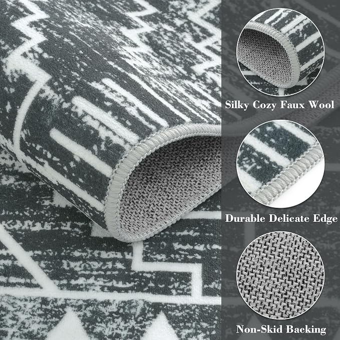Wonnitar Washable Kitchen Runner Rug 2x6, Moroccan Grey Runners for Hallway, Non Slip Bohemian Soft Bathroom Throw Mat Geometric Carpet Runner for Laundry Entryway Bedroom (Dark Grey,2'x6')