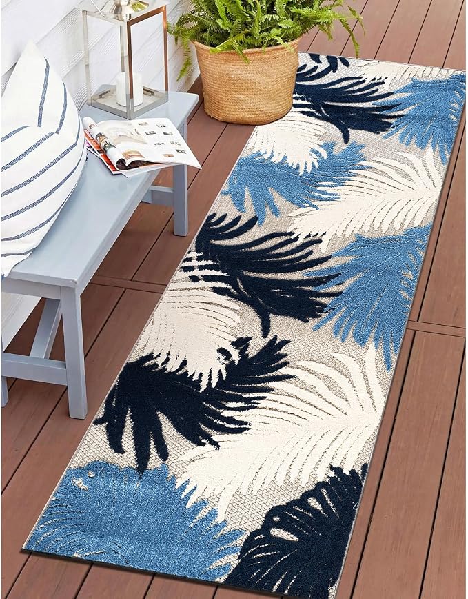 Rugshop Lucca Contemporary Floral Indoor/Outdoor Runner Rug 2' x 7' Navy