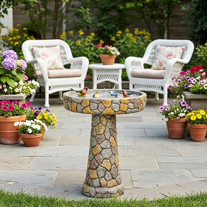 SKYFIRE 24" H Outdoor Bird Bath, Concrete Freestanding Pedestal Birdbath, Rustic Faux Stone Bird Bath Bowl for Garden, Patio, Yard, Lawn - 18.8" Dia. x 24" H Weather Resistant Garden Decoration
