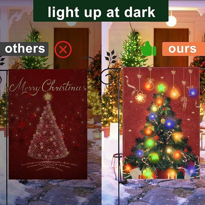 Lighted Christmas Garden Flag for Outside, Solar LED Xmas Tree Flag Decoration, 12x18 Double Sided Outdoor Yard Lawn Decor