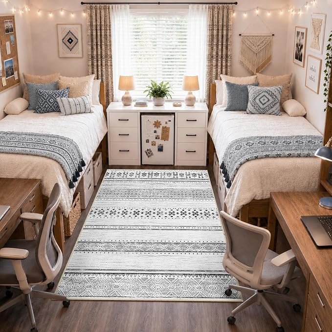 4x6 Washable Area Rugs for Living Room Boho Bedroom Rug Grey/Black/Navy | Vacuum Friendly, Machine Washable, Non-Slip Rug, Stain Resistant, Moroccan Geometric, Low Pile Carpet, Dining Room Kitchen