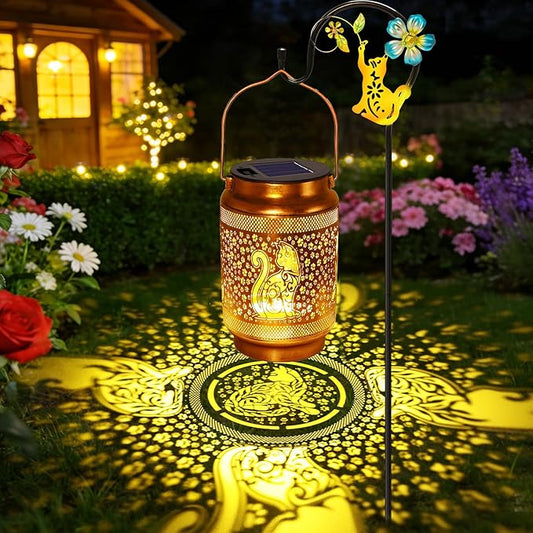 Cat Solar Lanterns Outdoor Waterproof Solar Garden Decor, Birthday Gifts for Women Mom Grandma, Metal Hanging Lights with Shepherd Hook for Outside Yard Patio Pathway Backyard Porch