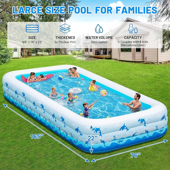Extra Large Inflatable Swimming Pool – 165" x 76" x 22" Oversized Blow Up Pool for Adults, Big Family Backyard Pool with Pump, Thickened Kiddie Pool for Summer Water Party, Easy Set Up
