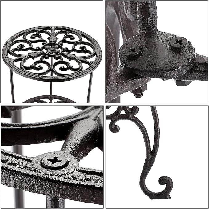 OwnMy Heavy Duty 2 Tiers Cast Iron Plant Stand, Vintage Iron Flower Pot Holder, 2 Layers Tall Decorative Potted Plants Stand Rack, Indoor Outdoor Large Plant Holder for Garden Patio, Retro-Brown