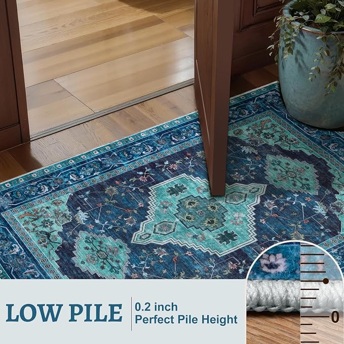 Tangsoo Oriental 2x3 Washable Rugs for Entryway, Non Slip Small Area Rug | Teal Vintage Indoor Front Door Rug, Boho Print Door Mat Carpet, Soft Low Pile Throw Rugs for Entrance Entry Kitchen Bedroom