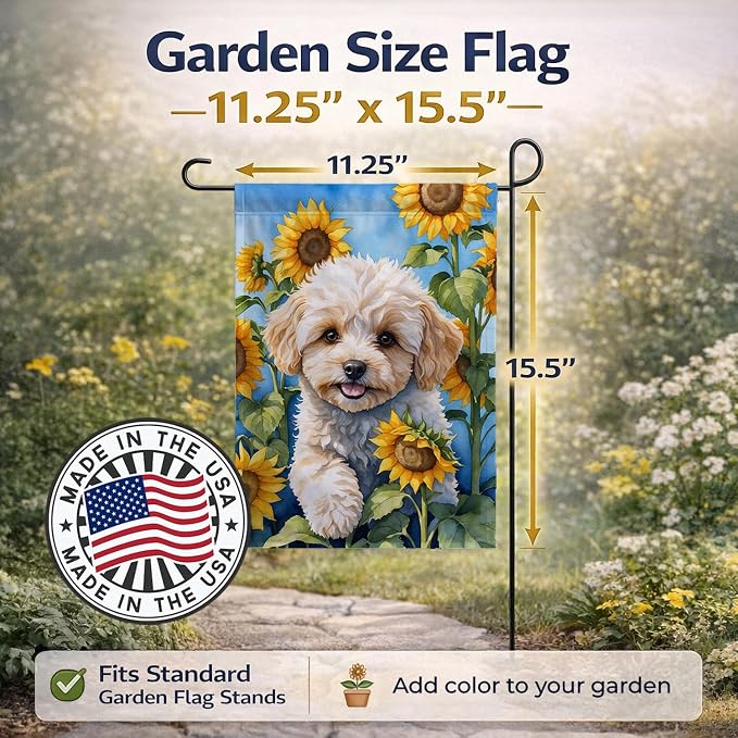 Caroline's Treasures DAC6118GF Maltipoo in Sunflowers Garden Flag Mailbox Flag Decorative Yard Flag Banner Outside Patio Artwork Yard Flower Beds, Garden Size, Multicolor