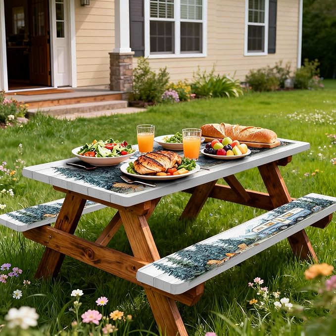 Picnic Table Cover with Bench Covers Elastic Edges, Outdoor Patio Camping Essentials 60 Inch 3PCS, Camper Fitted Table Cover, Waterproof Rectangle Tablecloth with Drawstring Bag,RV