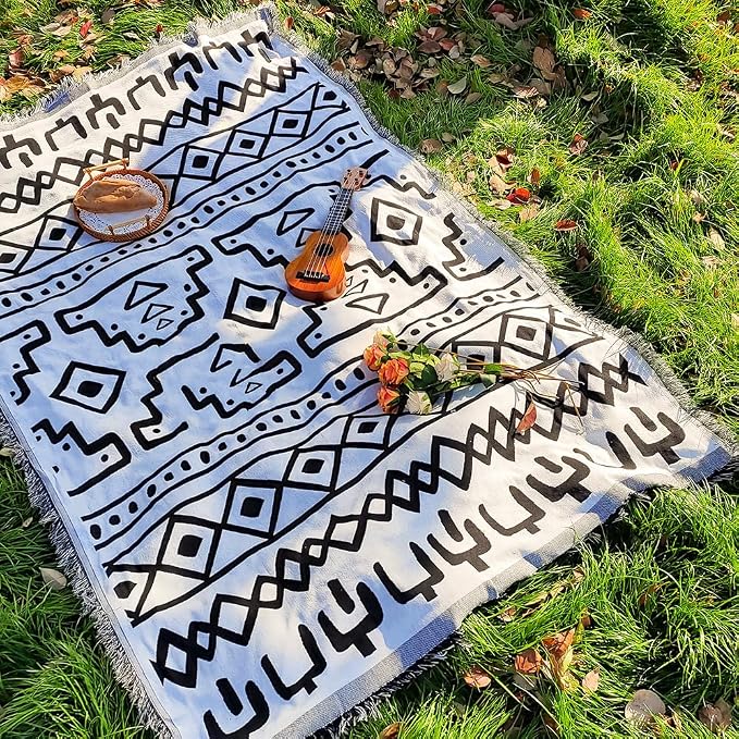 White Picnic Blanket, Extra Large Soft Cotton Gauze Picnic Rug 71"x71", Lightweight Breathable Blanket, Machine Washable for Beach, Camping, Park, Couples (Patterned Whimsy - No Straps)